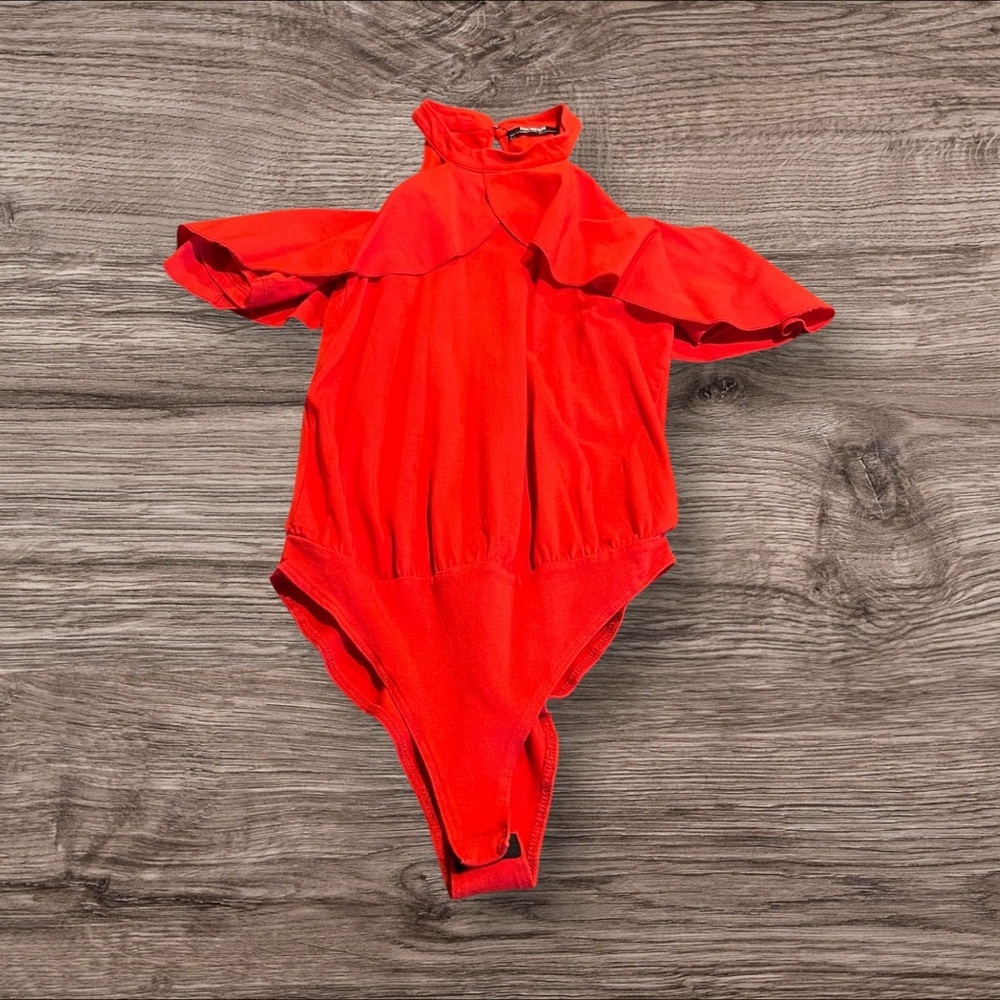 Zara Trafaluc Red Ruffled Body Suit Size Small